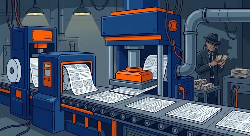 安すぎる悪質なWeb制作業者によって、コピペで無価値なホームページが大量生産されている裏側を描いた風刺イラスト