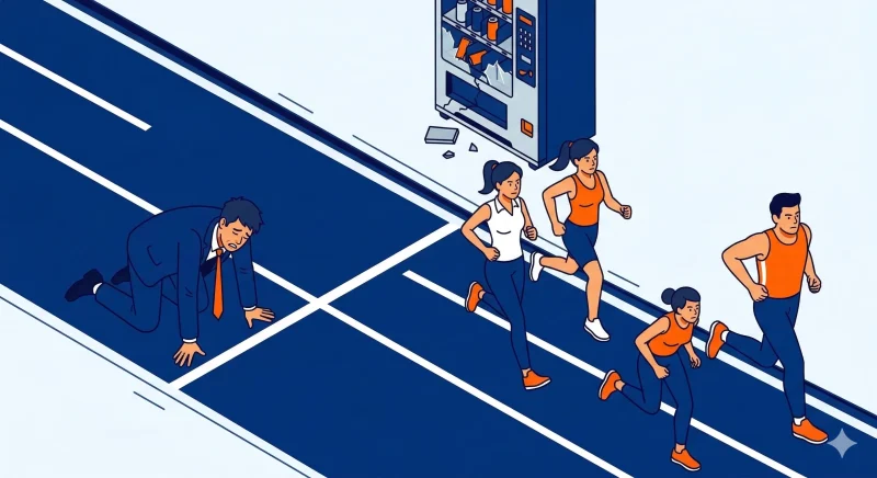 Webマーケティングを短期施策と誤解して力尽きるビジネスマンと、PDCAを回して積立投資マラソンを走り続けるプロの対比イラスト