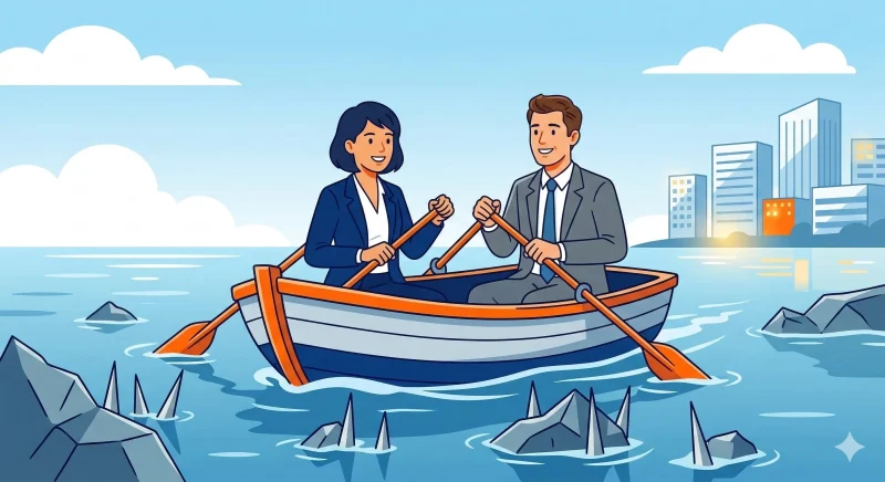信頼できる伴走型のWebマーケティングパートナーと共に、地雷を避けて同じゴールへ向かってボートを漕ぐビジネスマンのイラスト