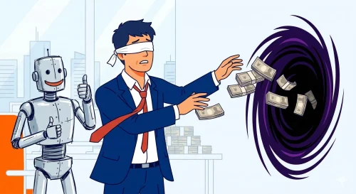 Webマーケティングの「低予算・丸投げ」で失敗し、ブラックホールに予算を無駄に投げ入れているビジネスマンのイラスト