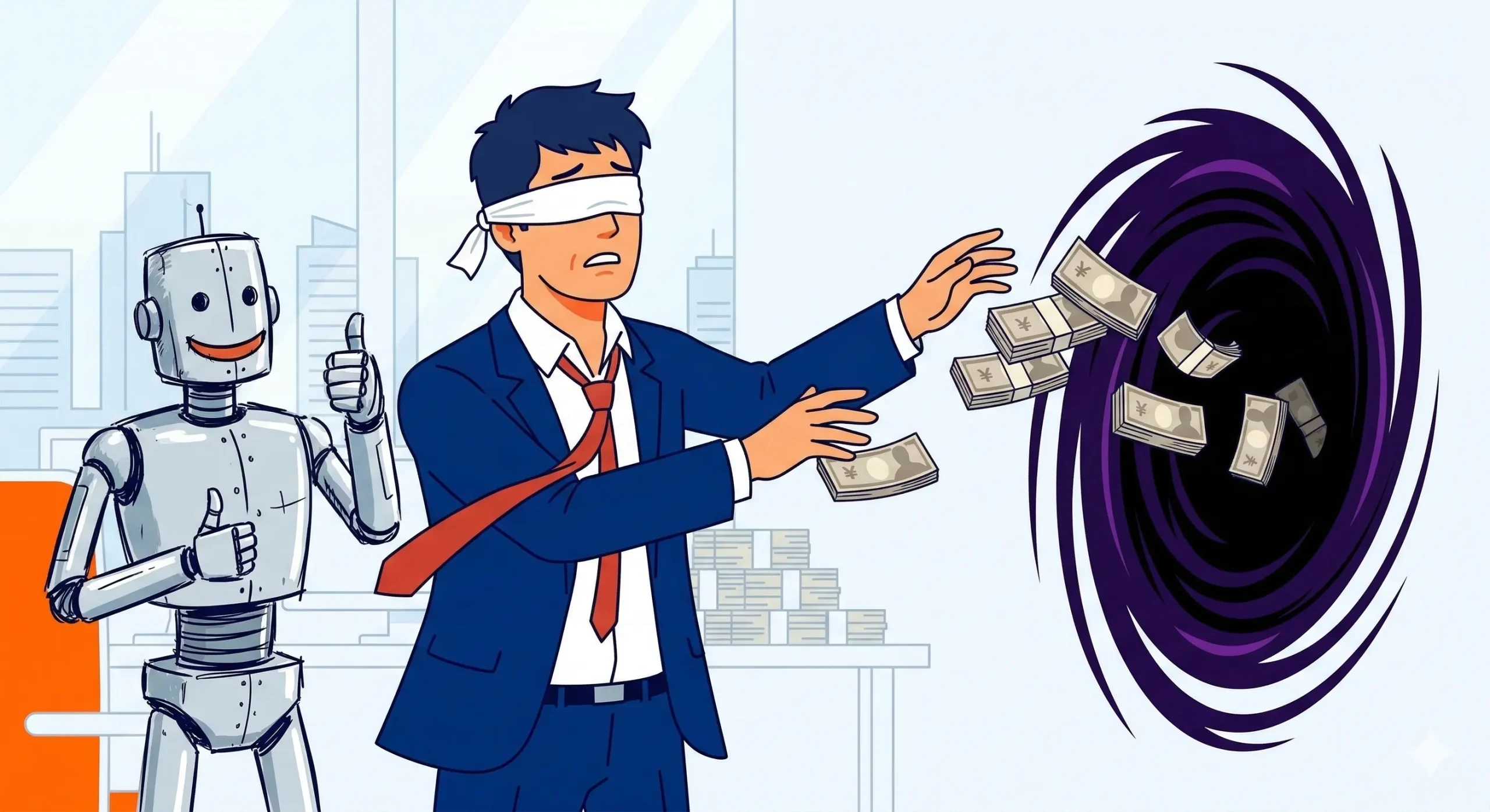 Webマーケティングの「低予算・丸投げ」で失敗し、ブラックホールに予算を無駄に投げ入れているビジネスマンのイラスト